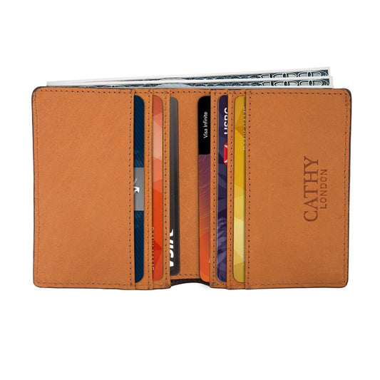 Tan Colour Bi-Fold Italian Leather Slim Wallet/Card Holder (6 Card Slot + 2 ID Slot + Cash Compartment) Cathy London 