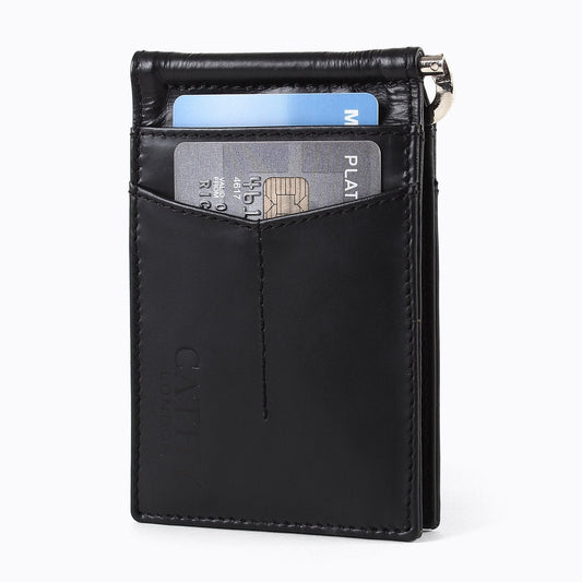 Black Colour Bi-Fold Italian Leather Money Clip Card Holder/Slim Wallet (4 Cards + 1 ID Slot + Money Clip )