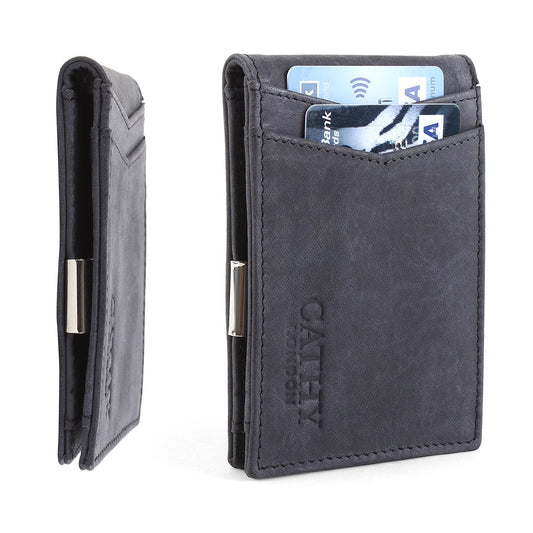 Grey Colour Bi-Fold Italian Leather Money Clip Card Holder/Slim Wallet (9 Cards + Money Clip )