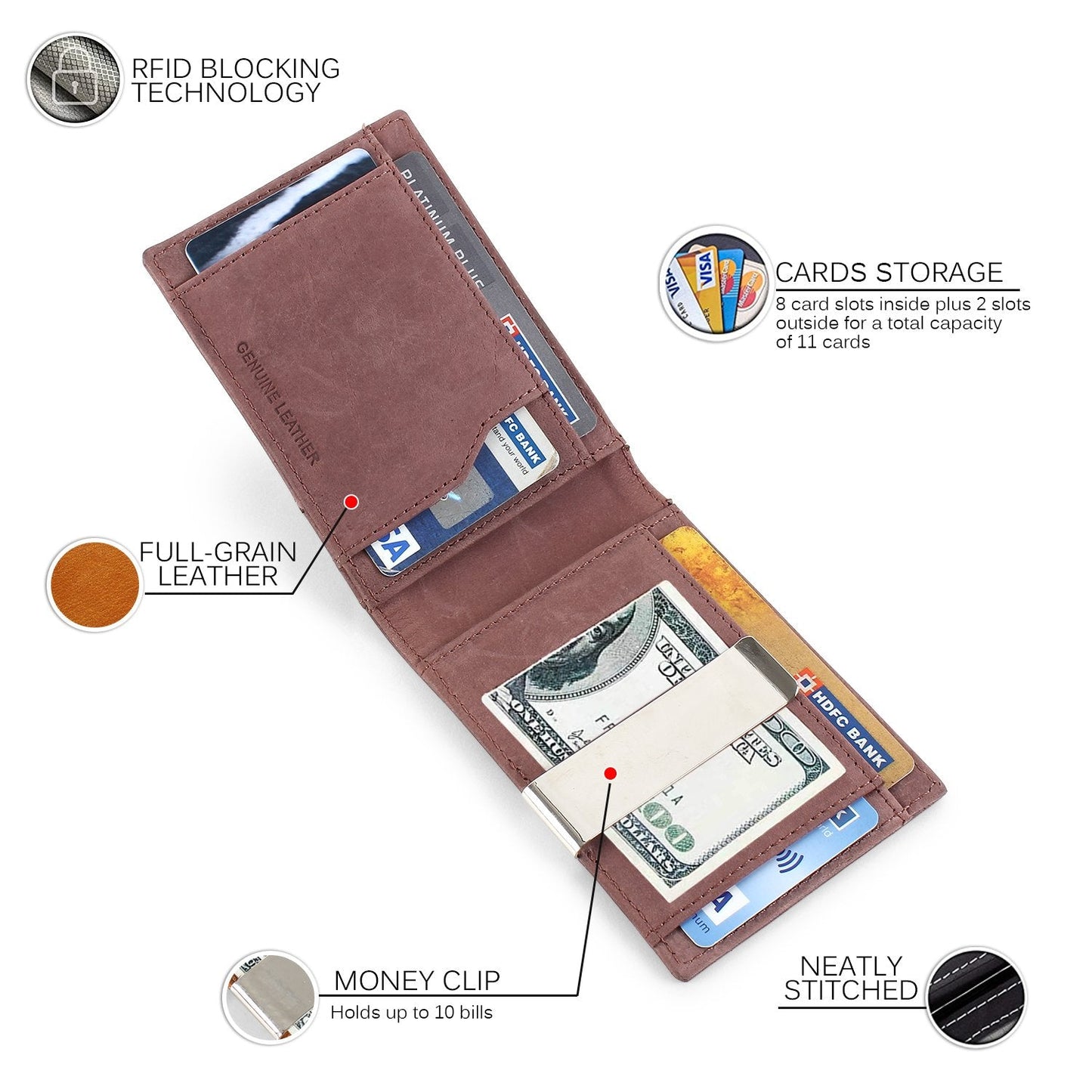 Olive Colour Bi-Fold Italian Leather Money Clip Card Holder/Slim Wallet (9 Cards + Money Clip )