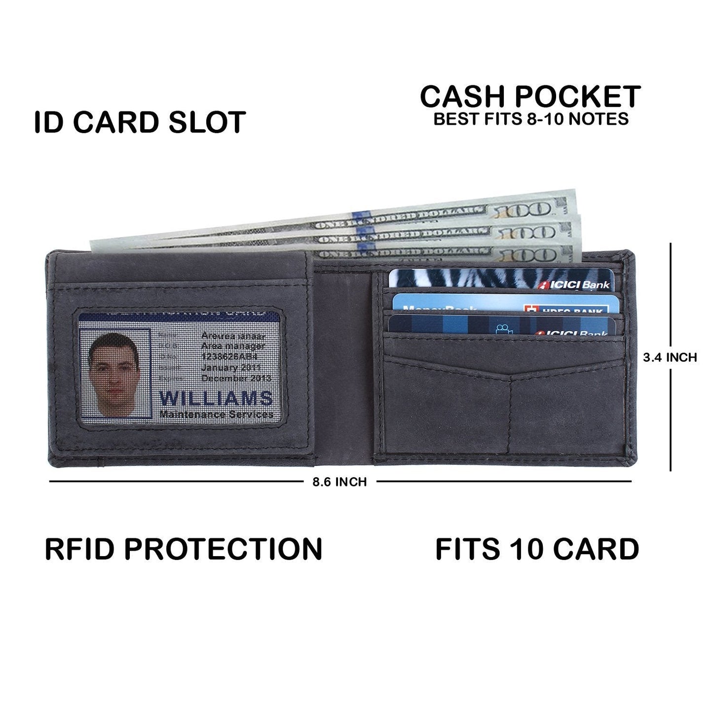 Black Colour Bi-Fold Italian Leather Slim Wallet (8 Card Slot + 2 Hidden Compartment + 2 ID Slot + Cash Compartment )