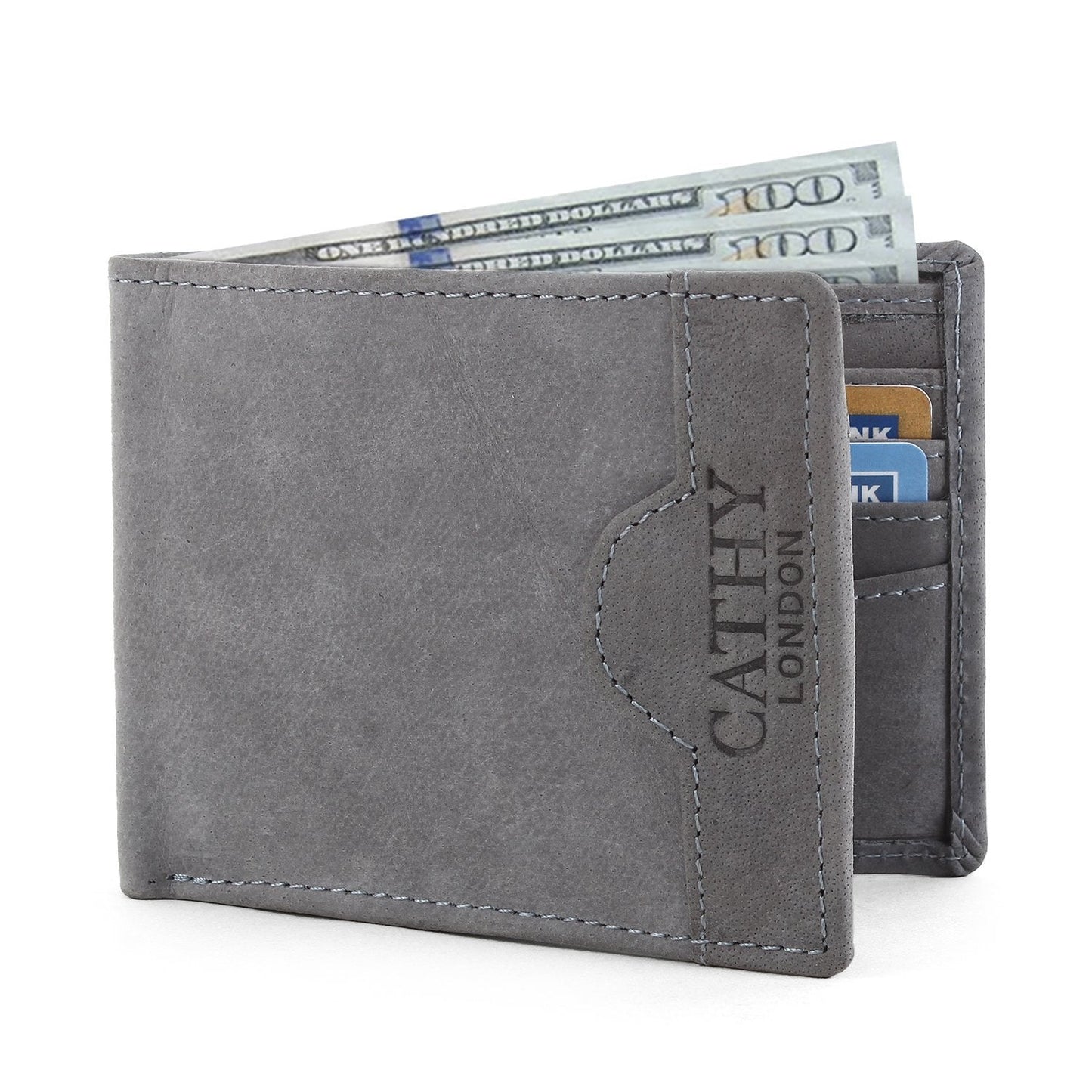 Grey Colour Bi-Fold Italian Leather Slim Wallet (8 Card Slot + 2 Hidden Compartment + 2 ID Slot + Cash Compartment )