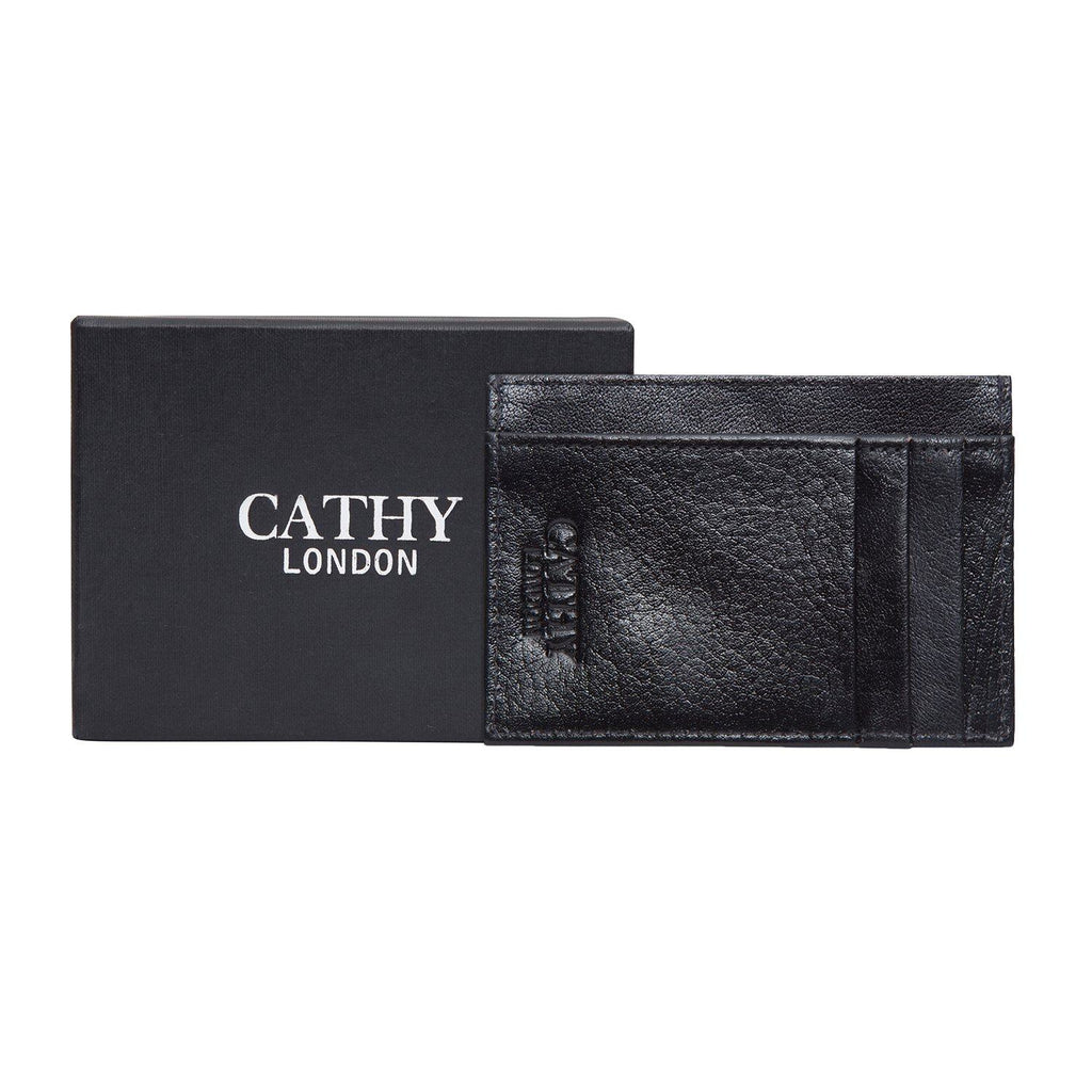 Black Colour Italian Leather Card Holder/Slim Wallet (6 Card Slots + 1 ID Slot + Cash Compartment) Cathy London 