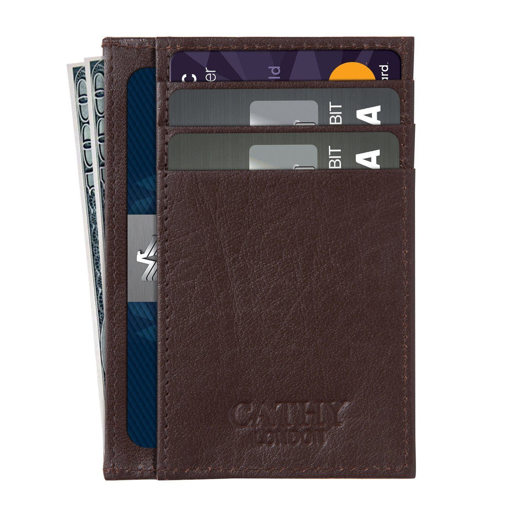 Brown Italian Leather Card Holder/Slim Wallet (6 Card Slots + 1 ID Slot + Cash Compartment) Cathy London 