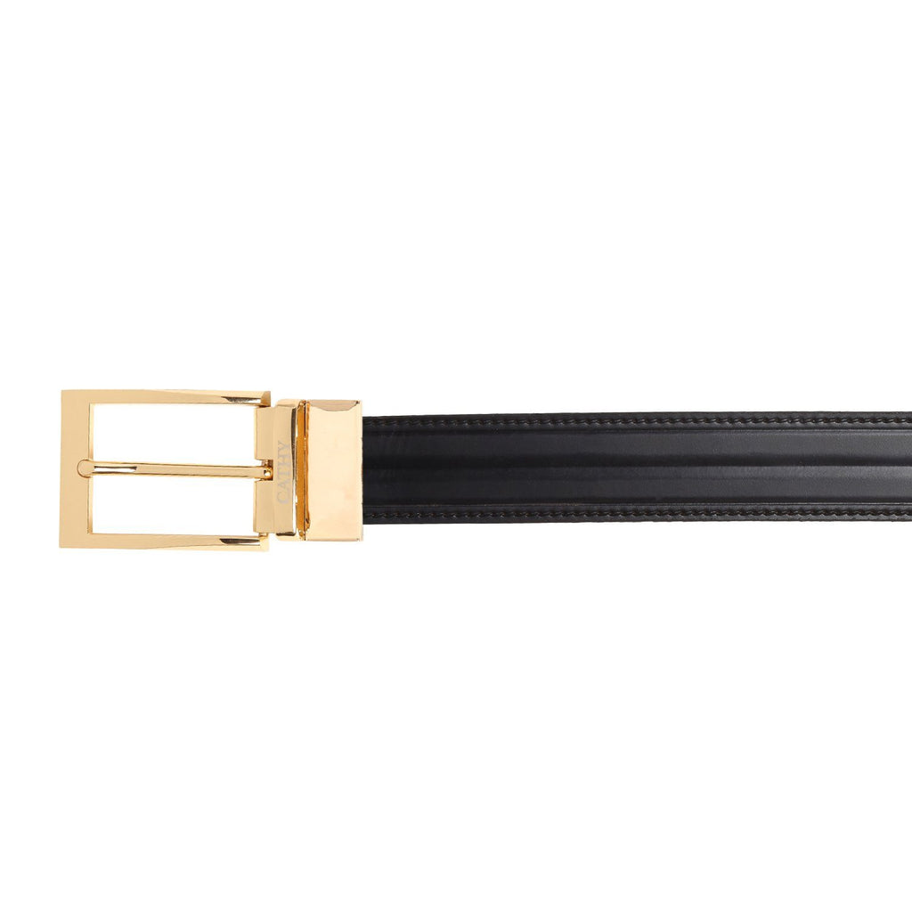 Men's Classic Dress Black Colour Belt Top Grain Italian Leather with Golden Metal Buckle Cathy-London 