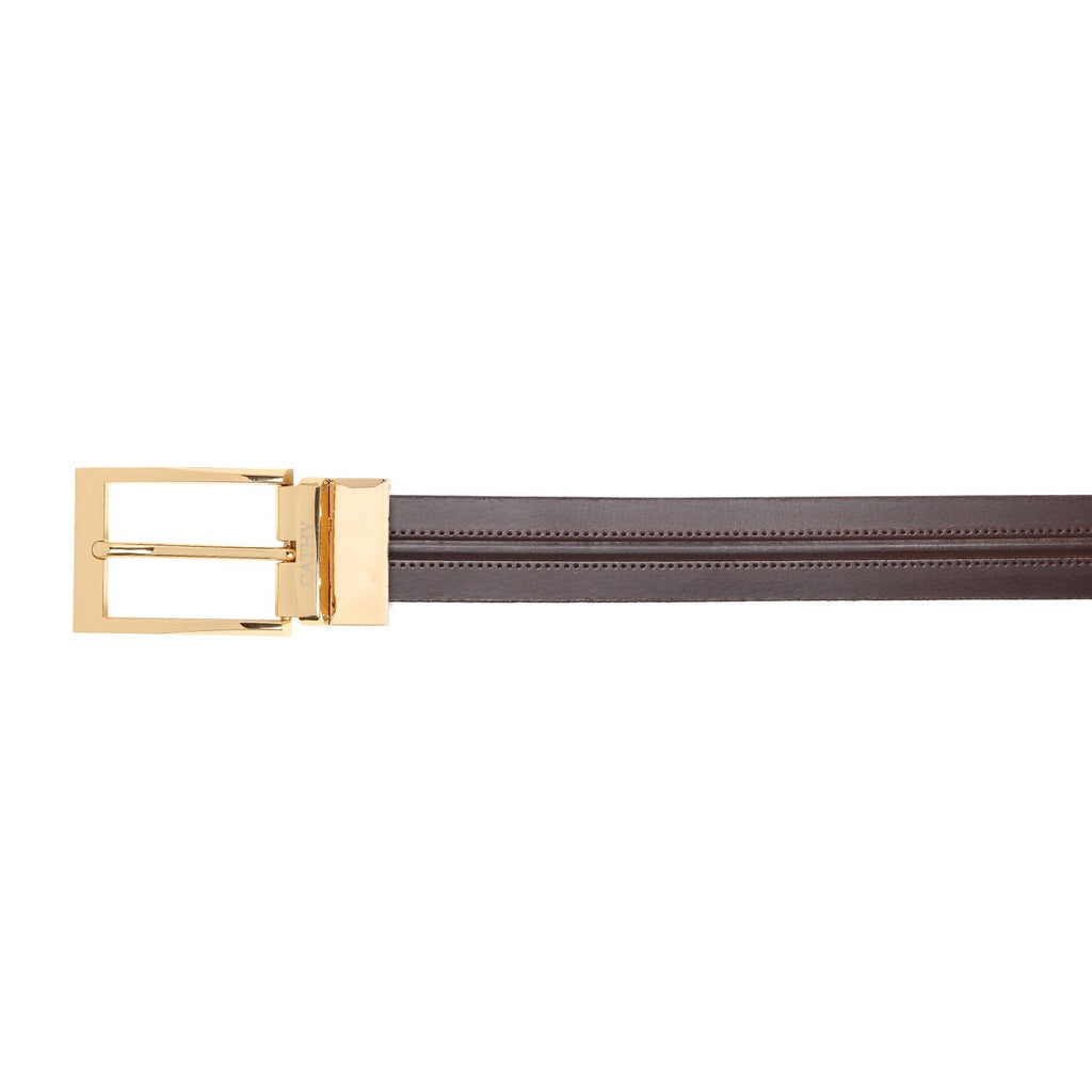 Men's Classic Dress Coffee Colour Belt Top Grain Italian Leather with Golden Metal Buckle Cathy-London 