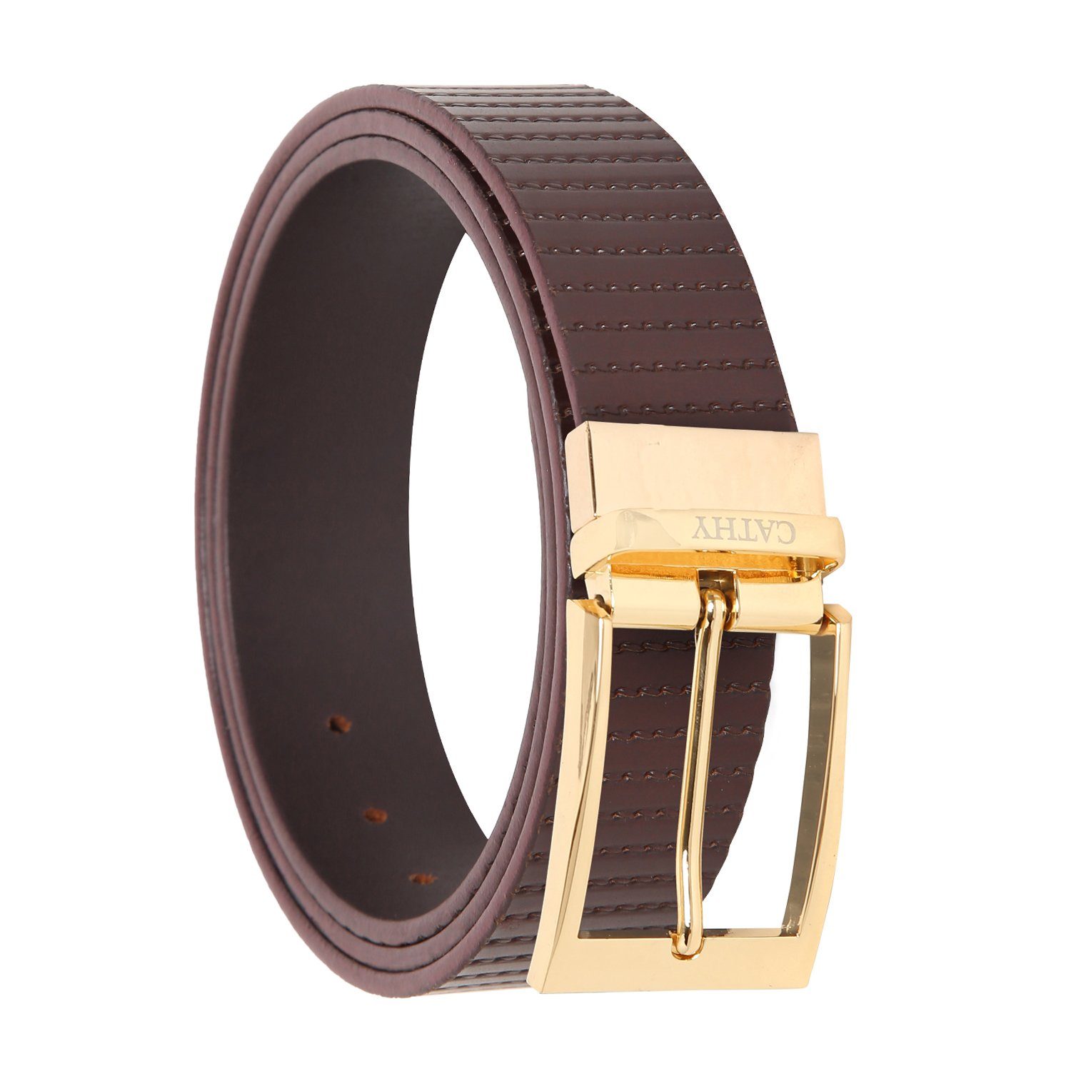 Men's Classic Dress Coffee Colour Belt Top Grain Italian Leather with Golden Metal Buckle Cathy-London 