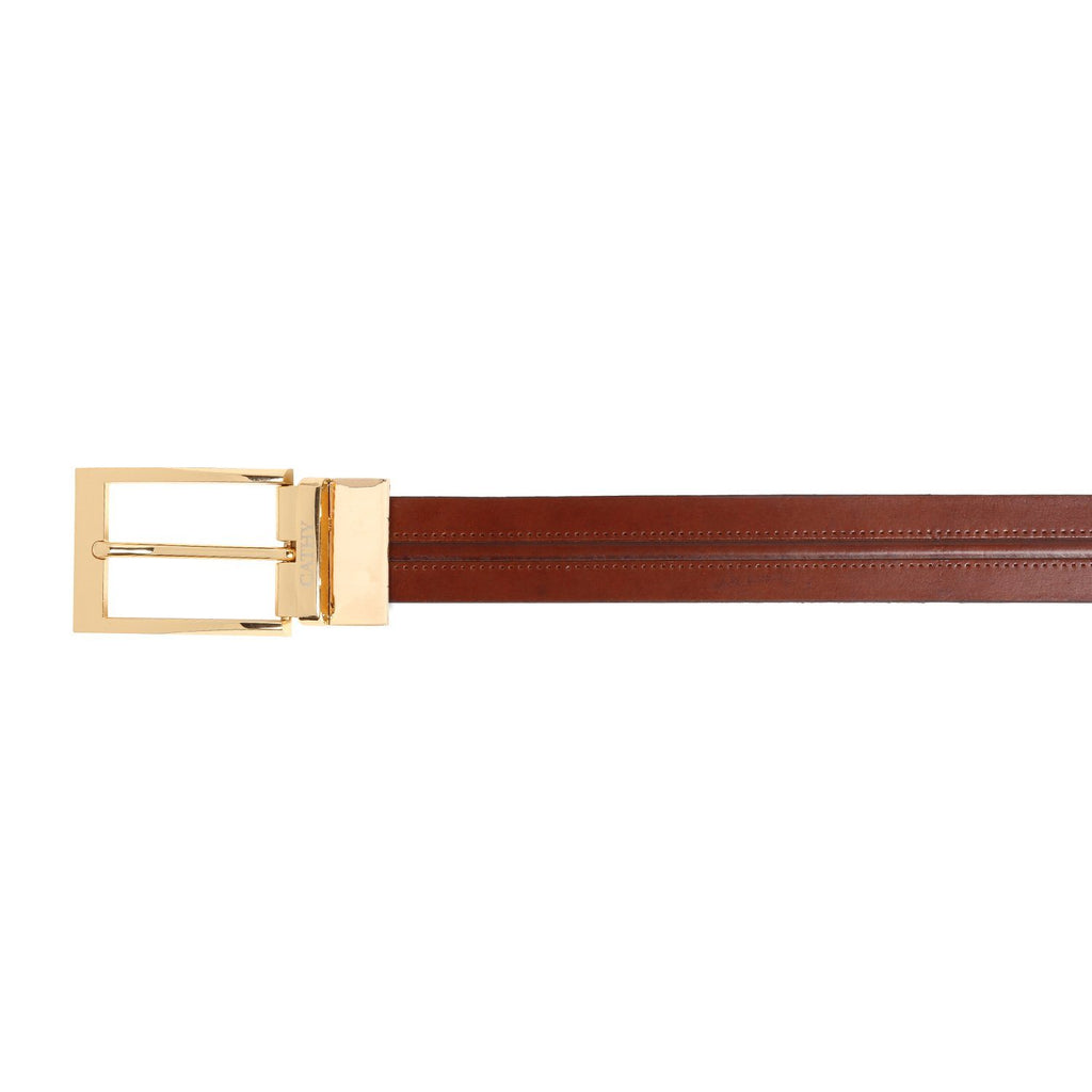 Men's Classic Dress Tan Colour Belt Top Grain Italian Leather with Golden Metal Buckle Cathy-London 