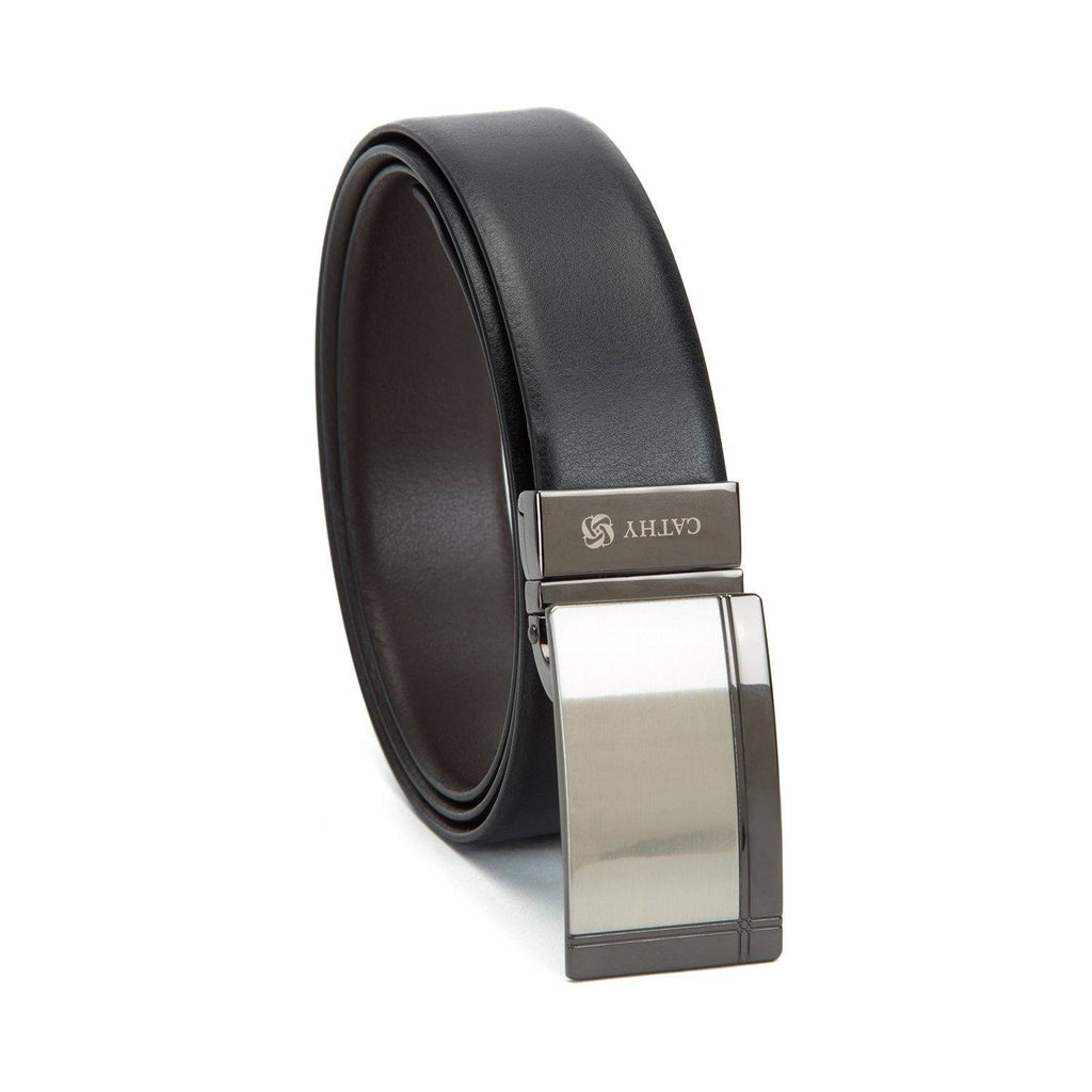 Men's Reversible Classic Dress Belt PU Leather Black & Brown with Rotating Silver Metal Buckle Cathy-London 
