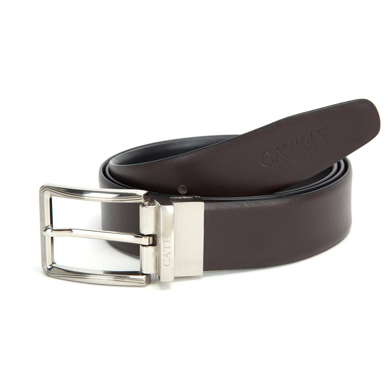 Men's Reversible Classic Dress Belt PU Leather Black & Brown with Rotating Silver Metal Buckle Cathy-London 