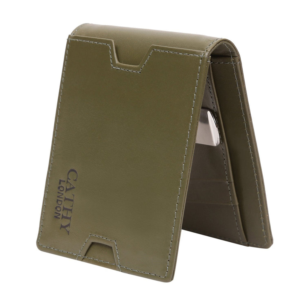 Olive Colour Bi-Fold Italian Leather Money Clip Card Holder/Slim Wallet (9 Card Slot + Money Clip + Coin Pocket) Cathy London 