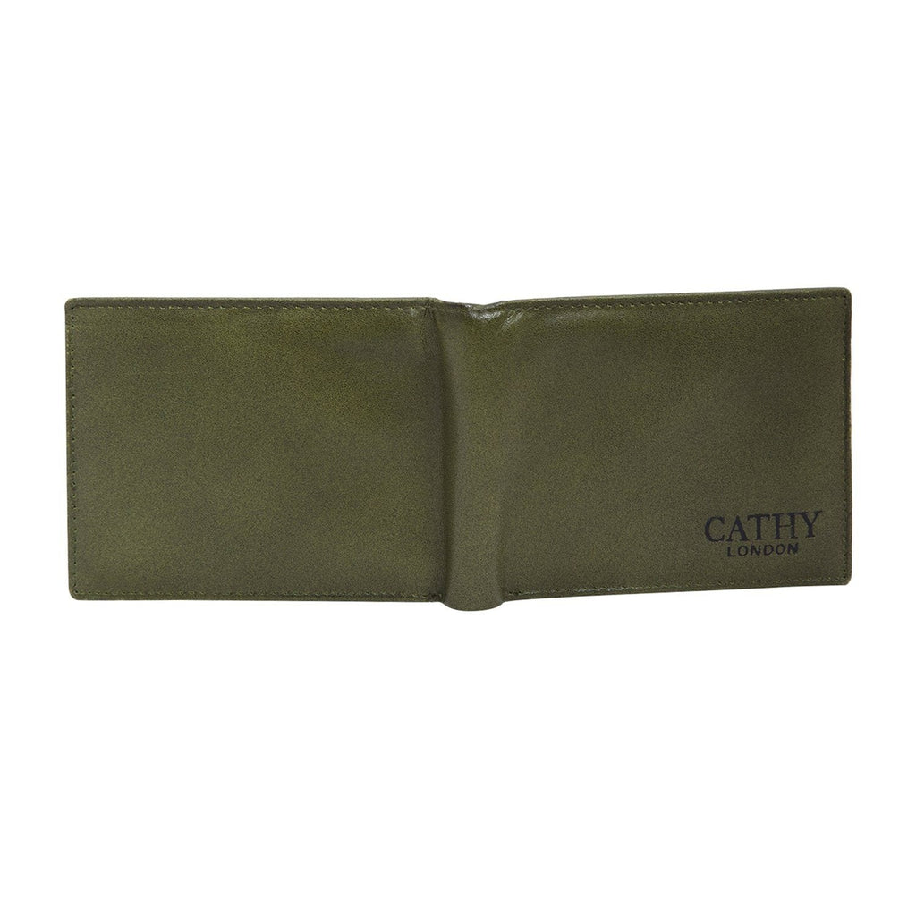 Olive Colour Bi-Fold Italian Leather Slim Wallet (8 Card Slot + 2 ID Slot + 2 Hidden Compartment + Cash Compartment) Cathy London 