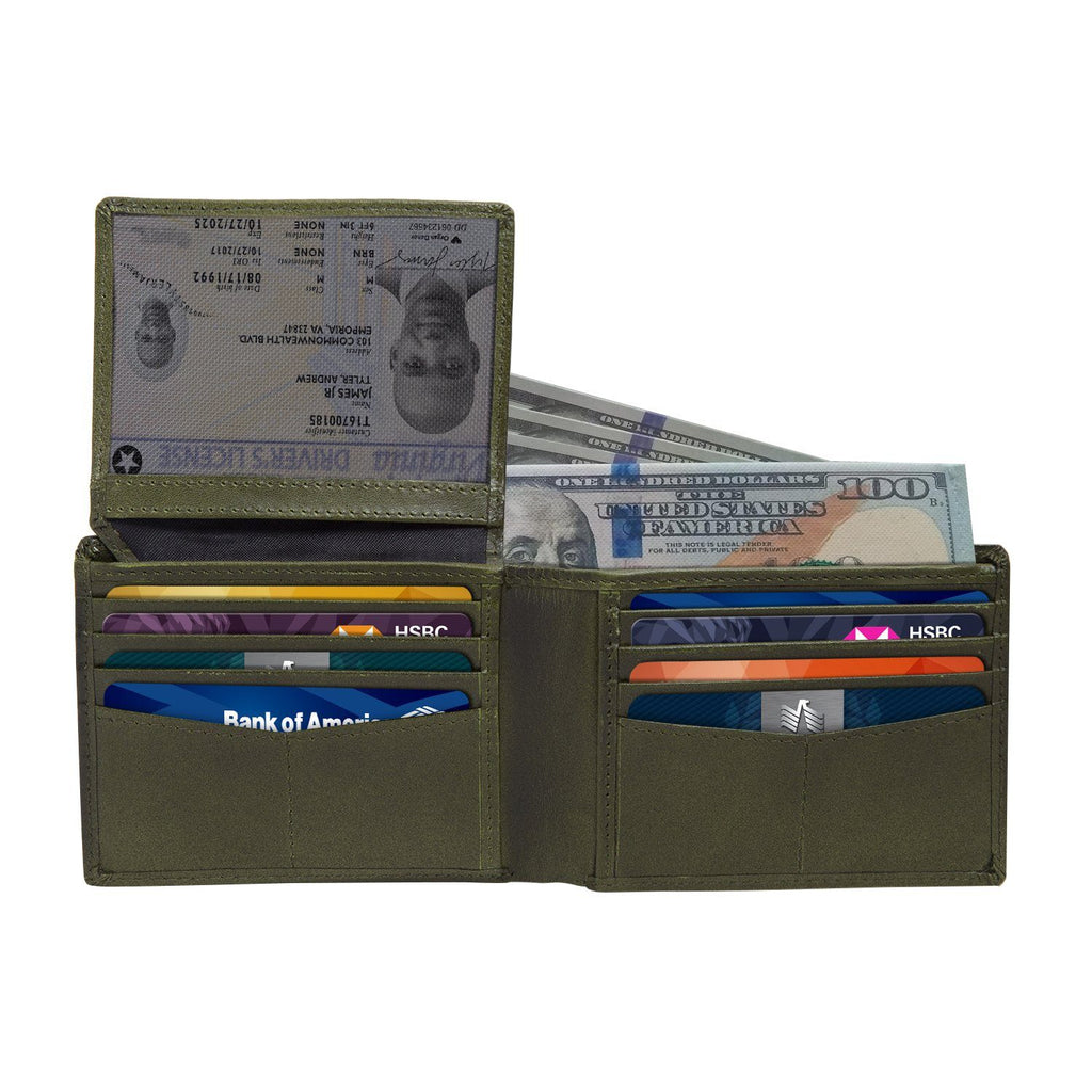 Olive Colour Bi-Fold Italian Leather Slim Wallet (8 Card Slot + 2 ID Slot + 2 Hidden Compartment + Cash Compartment) Cathy London 