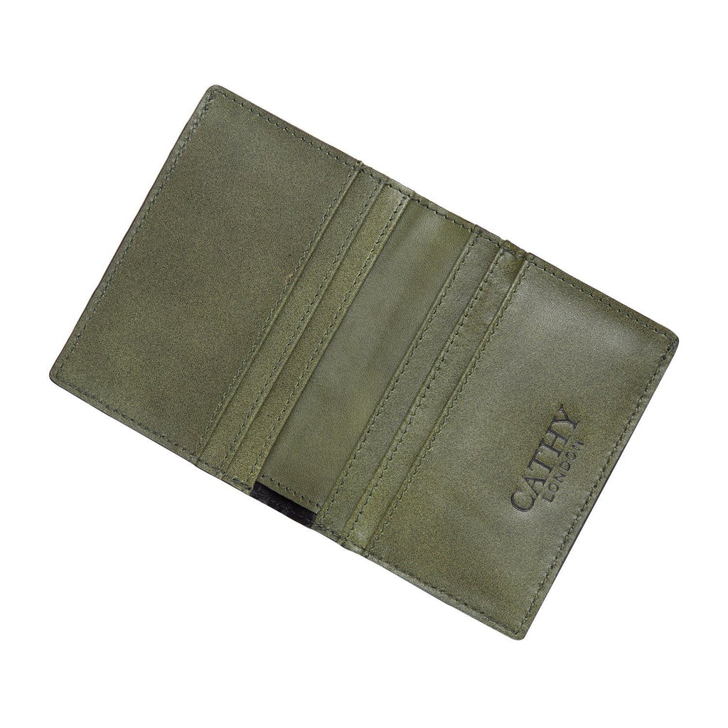 Olive Colour Bi-Fold Italian Leather Slim Wallet/Card Holder (6 Card Slot + 2 ID Slot + Cash Compartment) Cathy London 