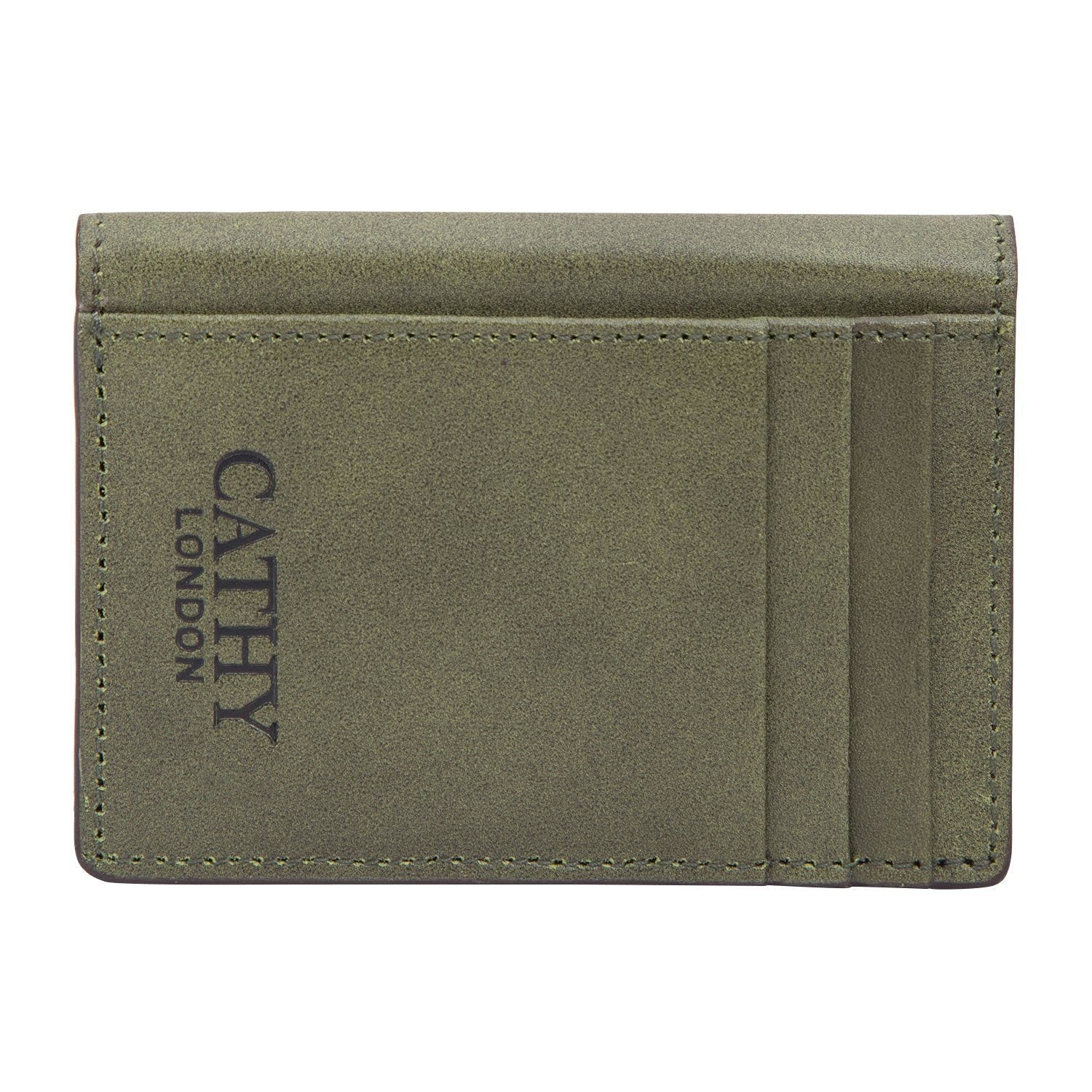 Olive Colour Bi-Fold Italian Leather Slim Wallet/Card Holder (9 Card Slot + 3 Hidden Compartment + 1 ID Slot + Cash Compartment) Cathy London 
