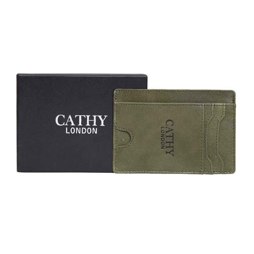 Olive Colour Italian Leather Slim Wallet/Card Holder (5 Card Slot + 1 ID Slot + Cash Compartment) Cathy London 