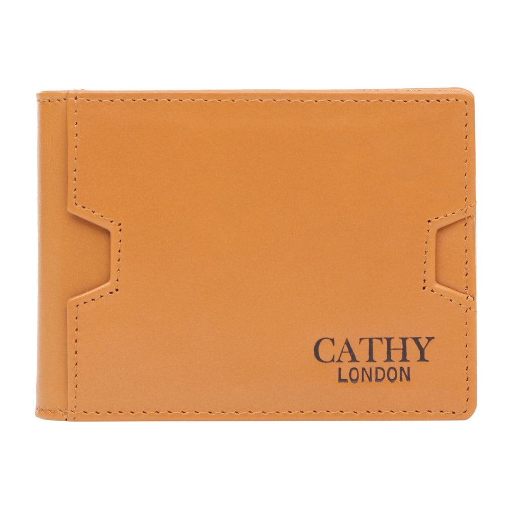 Tan Colour Bi-Fold Italian Leather Money Clip Card Holder/Slim Wallet (9 Card Slot + Money Clip + Coin Pocket) Cathy London 