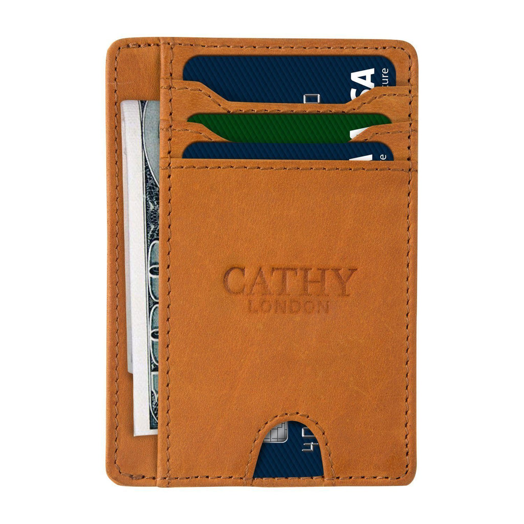 Tan Colour Italian Leather Card Holder/Slim Wallet (5 Card Slot + 1 ID Slot + Cash Compartment) Cathy London 