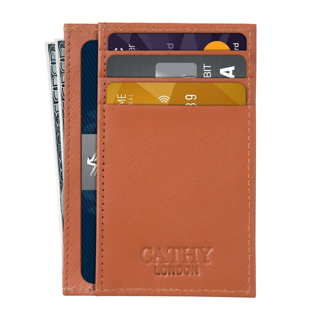 Tan Colour Italian Leather Card Holder/Slim Wallet (6 Card Slots + 1 ID Slot + Cash Compartment) Cathy London 